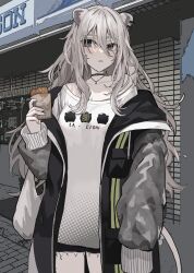 Rule 34 | 1girl, absurdres, ahoge, animal ears, black choker, black jacket, black shorts, choker, closed mouth, food, grey eyes, grey hair, grey sleeves, highres, holding, holding food, hololive, jacket, lion ears, lion girl, lion tail, long hair, looking at viewer, rum raisin (chihiromakita19), shirt, shishiro botan, shishiro botan (casual), shorts, sidelocks, sleeves past fingers, sleeves past wrists, solo, tail, very long hair, virtual youtuber, white shirt