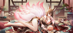 1girl absurdres animal_ears architecture bare_legs bare_shoulders barefoot breasts brown_hair brown_kimono cleavage collarbone commentary_request east_asian_architecture eyeliner feet fingernails fox_ears fox_girl green_eyes hair_between_eyes hair_ornament hand_fan hand_up highres holding holding_fan honkai:_star_rail honkai_(series) japanese_clothes jianshu kimono kitsune kyuubi large_breasts legs long_hair looking_at_viewer lying makeup multiple_tails nail_polish off_shoulder on_side parted_lips pink_tail red_eyeliner red_nails smile solo tail thighs tingyun_(honkai:_star_rail) toes