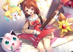 1girl :d aqua_eyes bang_dream! bed brown_dress brown_hair chiyonekoko commentary_request creatures_(company) crossover dress electric_guitar game_freak gen_1_pokemon gen_3_pokemon guitar hair_ornament hanasakigawa_school_uniform holding holding_microphone instrument jigglypuff jirachi legendary_pokemon long_sleeves medium_hair microphone music mythical_pokemon neck_ribbon nintendo on_bed open_mouth pillow playing_instrument pokemon pokemon_(creature) purple_eyes red_neckwear ribbon sailor_collar sailor_dress school_uniform sitting smile star_(symbol) star_hair_ornament staryu stuffed_animal stuffed_toy toyama_kasumi white_sailor_collar