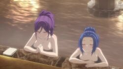 2girls animated anime_screenshot ass back blue_eyes blue_hair breasts collarbone completely_nude hair_bun hasunuma_koyomi highres medium_breasts multiple_girls nude onsen purple_eyes purple_hair same-sex_bathing shared_bathing shoulder_blades smile sound suzugamori_chika tagme video water wet zatsu_tabi