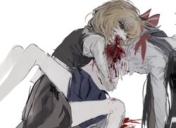 2girls bare_legs black_hair black_skirt black_vest blonde_hair blood blood_on_clothes blood_on_face blue_skirt bow guro hair_bow long_hair long_sleeves multiple_girls neckerchief open_mouth pleated_skirt red_bow red_eyes red_neckerchief rumia sailor_collar school_uniform serafuku sesmkun sharp_teeth shirt simple_background sketch skirt teeth touhou vest white_background white_shirt