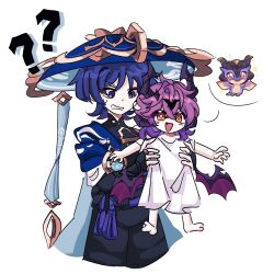 2boys anemo_symbol_(genshin_impact) armor armpit_carry barefoot belt black_belt black_bodysuit black_bow black_bridal_gauntlets black_horns black_shorts blue_cape blue_gemstone blue_hat blunt_ends bodysuit bow bridal_gauntlets bright_pupils cape carrying child_carry crossed_bangs diamond-shaped_pupils diamond_(shape) dragon dragon_horns dragon_wings durin_(genshin_impact) eyeliner eyeshadow facial_mark fang forehead_mark furisode gem genshin_impact gold gold_ring gradient_hair hat highres horns japanese_armor japanese_clothes jingasa kimono kote kurokote light_blush looking_at_another makeup mandarin_collar middle_ring mini_durin_(genshin_impact) multicolored_hair multiple_boys multiple_horns open_hands open_mouth orange_eyes outstretched_arms personification pink_hair purple_eyes purple_hair purple_rope purple_sash purple_wings red_eyeliner red_eyeshadow rope sash scaramouche_(genshin_impact) sd_dja shirt short_sleeves shorts slit_pupils small_dragon spoilers spoken_animal sweatdrop symbol-shaped_pupils tassel vision_(genshin_impact) wanderer_(genshin_impact) white_background white_mouth white_pupils white_shirt white_sleeves white_trim wings