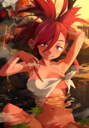 1girl absurdres arm_behind_head armpits bathing blush bucket cigarette closed_mouth commentary day dripping eyelashes female_pubic_hair fence flannery_(pokemon) gen_3_pokemon hair_between_eyes half-closed_eyes highres holding holding_cigarette holding_pot khyle. leaf long_hair looking_at_viewer marijuana navel nintendo onsen outdoors pokemon pokemon_(creature) pokemon_rse pot pubic_hair ripples smile smoke spread_legs torkoal water