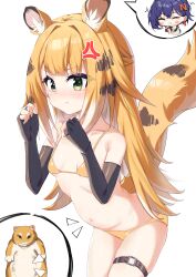 2girls absurdres anger_vein animal_ear_fluff animal_ears annoyed artist_request bare_shoulders belle_(zenless_zone_zero) bikini blonde_hair blush breasts closed_mouth colored_inner_hair female_focus fingerless_gloves gloves gold_bikini green_eyes highres ju_fufu loli long_hair looking_at_viewer micro_bikini multicolored_hair multiple_girls navel small_breasts standing stomach swimsuit tail thigh_strap tiger_ears tiger_girl tiger_tail two-tone_hair white_background white_hair zenless_zone_zero