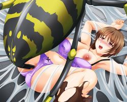 1girl animated animated_gif bestiality breasts brown_hair bug censored clothing_aside jk_hazard monster mosaic_censoring nao_takami nipples open_mouth ovipositor panties panties_aside rape red_eyes silk spider spider_web tears underwear vaginal