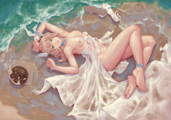 1girl armpits barefoot beach bigrbear blonde_hair bottomless breasts chocolate commentary_request dress feet female_focus full_body gown green_eyes hair_between_eyes highres long_hair lying mecha_musume mechanical_ears medium_breasts navel nipples on_side open_mouth original sand sandals solo tattoo topless_female waves