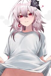1girl absurdres black_flower bottomless breasts breath collarbone commentary earrings english_commentary evernight_(honkai:_star_rail) female_pubic_hair flower hair_between_eyes hair_flower hair_ornament hairclip highres honkai:_star_rail honkai_(series) jewelry lifting_own_clothes light_blush long_hair looking_at_viewer march_7th_(honkai:_star_rail) medium_breasts parallel_hairclips parted_lips pink_hair pubic_hair pubic_hair_peek red_eyes shirt simple_background single_earring smile solo variant_set vitaminechan white_background white_shirt