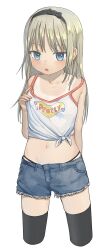 1girl absurdres black_panties black_thighhighs blue_hair bow camisole character_request chushui_(izumi617) clothes_writing copyright_request denim denim_shorts english_text hair_bow highres loli navel original panties shirt shirt_tug shorts solo stomach tan tanline thighhighs thighs tied_shirt underwear