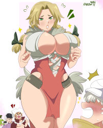2girls 3boys absurdres asagiri_gen black_hair blonde_hair blush braid breasts cleavage dr._stone green_eyes hanada_nikki hat highres karbuitt large_breasts multicolored_hair multiple_boys multiple_girls nanami_ryuusui profile saionji_ukyou short_hair signature solo_focus suika_(dr.stone) thick_thighs thighs twin_braids two-tone_hair white_hair white_hat