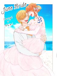 1boy 1girl ^_^ arm_tattoo blonde_hair blue_sky blush bride carrying carrying_person character_name closed_eyes cloud curly_eyebrows dress facial_hair flower goatee groom hair_flower hair_ornament hair_over_one_eye highres mustache nami_(one_piece) nobi_hitsuji ocean off-shoulder_dress off_shoulder one_piece open_mouth orange_hair orange_nails sanji_(one_piece) short_hair sky tattoo tuxedo wedding_dress
