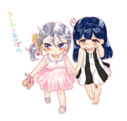 10s 2girls aged_down akebono_(kancolle) alternate_costume barefoot bell black_hair blush closed_mouth commentary_request crying crying_with_eyes_open dress flower hair_bell hair_flower hair_ornament holding_hands jingle_bell kantai_collection long_hair multiple_girls open_mouth pink_dress ponytail sandals scrape shoes unworn_shoes side_ponytail simple_background sleeveless sleeveless_dress slippers sumeragi_hamao tears translation_request ushio_(kancolle) wavy_mouth white_background
