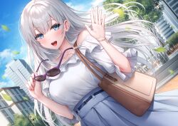 1girl absurdres bag bare_shoulders blue_eyes blue_skirt blue_sky blush bracelet breasts brown_bag building cloud commentary_request day dress dutch_angle falling_leaves floating_hair fountain frilled_dress frills hair_between_eyes hands_up high-waist_skirt highres holding holding_removed_eyewear jewelry lamppost large_breasts leaf long_hair looking_at_viewer off-shoulder_dress off-shoulder_shirt off_shoulder official_art open_mouth original outdoors oyuwari pink_nails shirt shirt_tucked_in shoulder_bag skirt sky smile solo sunglasses tree unworn_eyewear very_long_hair white_dress white_hair