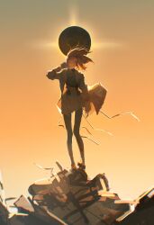 1girl adachi_rei black_pantyhose black_shirt full_body hand_up highres jacket long_hair looking_at_viewer orange_eyes orange_hair pantyhose parted_lips shirt sijimao skirt solo standing teeth utau white_jacket white_skirt wind