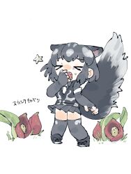Rule 34 | &gt; &lt;, 1girl, animal ears, black hair, black shoes, black vest, breasts, cabbage, chibi, chibi only, closed eyes, elbow gloves, fangs, full body, gloves, grey gloves, grey shirt, grey skirt, grey thighhighs, highres, kemono friends, multicolored hair, necktie, open mouth, plant, pleated skirt, shirt, shoes, short hair, short sleeves, simple background, skirt, skunk ears, skunk girl, skunk tail, solo, spotted skunk (kemono friends), standing, star (symbol), tail, thighhighs, torento, translation request, vest, white background, white hair, yawning