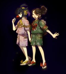 Rule 34 | 1boy, 1girl, backpack, bag, black background, black hair, brown hair, candy apple, closed eyes, food, hairband, hashtag-only commentary, holding, holding candy apple, holding food, holding hands, japanese clothes, juliana (pokemon), kieran (pokemon), mole, mole on neck, multicolored hair, nintendo, open clothes, open mouth, pokemon, pokemon sv, purple hair, sandals, simple background, standing, xixixixi1037, yellow eyes, yellow hairband, zouri
