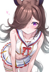 1girl absurdres alternate_costume animal_ears black_hair cosplay hair_between_eyes hair_ornament hair_over_one_eye heart highres horse_ears horse_girl horse_tail looking_at_viewer maimuu midriff navel nice_nature_(run&amp;win)_(umamusume) nice_nature_(umamusume) purple_eyes rice_shower_(umamusume) simple_background smile solo tail umamusume white_background