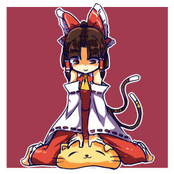 1girl ascot benikurage_(cookie) blush bow brown_eyes brown_hair cat-shaped_pillow cat_tail closed_mouth commentary_request cookie_(touhou) detached_sleeves frilled_bow frilled_hair_tubes frilled_skirt frills full_body hair_bow hair_tubes hakurei_reimu ikiume looking_down multiple_tails red_background red_bow red_shirt red_skirt ribbon-trimmed_sleeves ribbon_trim shaded_face shirt short_hair sidelocks simple_background sitting skirt skirt_set sleeveless sleeveless_shirt smile solo tail touhou two-tone_background two_tails white_background white_sleeves yellow_ascot