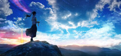 1girl black_hair cloud fog full_body highres iwato_suzume looking_afar morning mountain mountainous_horizon ponytail scenery shiitake_kaden solo standing sun_glare sunrise suzume&#039;s_chair suzume_no_tojimari wide_shot
