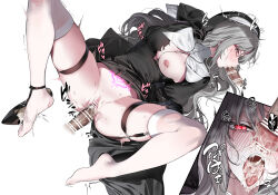 bar_censor black_dress breasts censored cum cum_in_footwear cum_in_mouth cum_in_pussy cum_on_body dress ejaculation facial fellatio glowing_tattoo grey_hair highres indie_virtual_youtuber kanaut_nishe large_breasts nakamura_rohane nipple_piercing nun oral piercing pubic_tattoo red_eyes simple_background tattoo torn_clothes torn_dress vaginal virtual_youtuber white_background