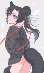 1boy aged_down animal_ears arms_behind_back ass black_hair black_hanfu bottomless chinese_clothes closed_mouth cowboy_shot dated falling_leaves fox_boy fox_ears fox_tail from_behind grey_background hair_between_eyes hair_ribbon hanfu highres kemonomimi_mode kimako_(kimako_8) leaf long_hair long_sleeves looking_at_viewer looking_back male_focus modao_zushi no_panties ponytail purple_eyes red_ribbon ribbon robe simple_background smile solo tail trap twitter_username watermark wei_wuxian white_background