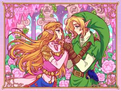1boy 1girl armor artist_name belt blonde_hair blue_eyes blush brown_belt brown_gloves closed_mouth column day dress ear_piercing earrings from_side gloves green_hat green_tunic hands_up hat highres holding_hands instrument jewelry link lips long_hair looking_at_another mroczniak_(gloomy_chuu) nintendo ocarina outdoors parted_lips phrygian_cap piercing pillar pink_dress pointy_ears princess_zelda shoulder_armor smile the_legend_of_zelda the_legend_of_zelda:_ocarina_of_time triforce tunic very_long_hair