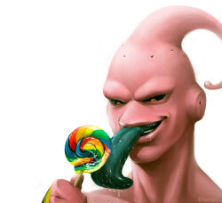 1boy 1llustri black_sclera candy colored_sclera colored_tongue commentary dragon_ball dragonball_z evil_smile food green_tongue holding holding_candy holding_food holding_lollipop lollipop long_tongue majin_buu male_focus open_mouth realistic red_eyes simple_background smile solo super_buu swirl_lollipop tongue tongue_out white_background