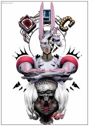 1other absurdres american_flag arrow_(symbol) character_name crown_of_thorns curly_hair dirty_deeds_done_dirt_cheap funny_valentine heart heart_print highres jewelry jojo_no_kimyou_na_bouken kurobameiyos long_hair looking_at_viewer mask mouth_mask necklace pointy_ears signature simple_background skull solo split_head stand_(jojo) steel_ball_run upper_body white_background