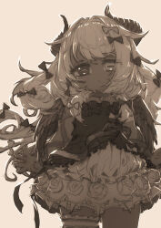 1girl alternate_costume amaryllis_gumi arm_ribbon bow brown_theme closed_mouth collar dark-skinned_female dark_skin demon_girl dress dress_flower expressionless feral_lemma flower frilled_dress frilled_thigh_strap frills hair_bow heterochromia highres horizontal_pupils horns layered_dress long_hair looking_at_viewer monochrome multiple_hair_bows ribbon rose short_dress simple_background solo standing strapless strapless_dress thigh_strap virtual_youtuber wings yotsutsuji_mayoi