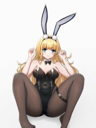 1girl absurdres animal_ears azur_lane bare_shoulders black_bow black_bowtie black_hairband black_leotard blonde_hair blue_eyes blush bow bowtie breasts cleavage covered_navel detached_collar full_body hairband hands_up highleg highleg_leotard highres illisimonin knees_up legs leotard long_hair looking_at_viewer m_legs medium_breasts north_carolina_(azur_lane) north_carolina_(the_heart&#039;s_desire)_(azur_lane) pantyhose playboy_bunny rabbit_ears rabbit_pose sitting skin_tight solo spread_legs strapless strapless_leotard thigh_strap thighs very_long_hair
