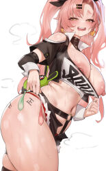 Rule 34 | 1girl, absurdres, amillion (zenless zone zero), belly, black shorts, black sleeves, blush, body writing, breasts, commentary, condom, detached sleeves, drooling, earrings, green eyes, heart, heart earrings, highres, hyuk (yeayeo), jewelry, large areolae, large breasts, long hair, long sleeves, looking at viewer, mole, mole on breast, mole under eye, navel, nicole demara, nipple slip, nipples, one breast out, open mouth, panties, pink hair, red panties, short sleeves, shorts, simple background, smile, solo, stomach, strapless, sweat, teeth, thighs, tube top, two side up, underwear, used condom, white background, white tube top, zenless zone zero