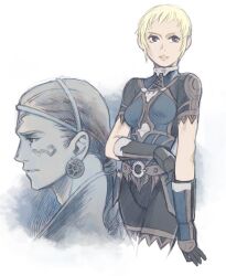 1boy 1girl adam&#039;s_apple adventurer_(ff11) black_gloves blonde_hair blue_eyes breasts brown_hair earrings elbow_gloves facepaint final_fantasy final_fantasy_xi gloves hume jewelry long_hair low_ponytail medium_breasts minagawa_fumio parted_lips ponytail short_hair simple_background smile very_short_hair white_background