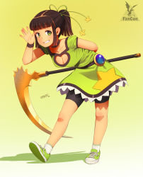 1girl bike_shorts black_hair cleavage_cutout clothing_cutout dress female_focus gradient_background green_eyes grin heart heart_cutout highres idfer long_hair looking_at_viewer original scythe side_ponytail smile solo star