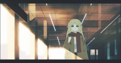 1girl absurdres alternate_costume bag black_skirt blonde_hair blue_eyes brown_coat cartethyia_(wuthering_waves) chasing_summer coat commentary cowboy_shot highres indoors letterboxed light_smile long_hair parted_lips pointy_ears red_scarf scarf school_bag shirt sidelocks skirt solo tacet_mark_(wuthering_waves) train_station white_shirt wuthering_waves