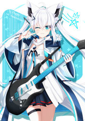 Rule 34 | 1girl, absurdres, ahoge, animal ear fluff, animal ears, ayana haku, black dress, blush, braid, breasts, commentary request, dog tags, dress, earrings, fox ears, fox girl, fox shadow puppet, fox tail, green eyes, grey hair, guitar, hair between eyes, hair ornament, highres, hololive, instrument, jacket, jewelry, long hair, looking at viewer, one eye closed, open clothes, open jacket, shirakami fubuki, shirakami fubuki (fubukitek), sidelocks, single braid, small breasts, smile, solo, tail, thigh strap, twintails, virtual youtuber, white hair, white jacket