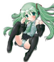 1girl female_focus green_eyes green_hair hatsune_miku lying panties skirt smile solo spread_legs striped_clothes striped_panties testa thighhighs twintails underwear vocaloid white_background yamaha