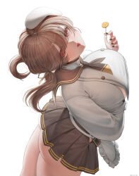 1girl absurdres apron ass bready_(nikke) brown_hair candy food goddess_of_victory:_nikke hat highres holding holding_candy holding_food holding_lollipop kimdooboo lollipop looking_at_viewer miniskirt neckerchief shirt skirt tongue tongue_out white_apron white_background white_hat white_shirt
