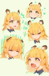 1girl absurdres animal_ear_fluff blonde_hair closed_mouth collared_shirt commentary fang green_eyes highres ikky ju_fufu long_hair multiple_expressions multiple_views open_mouth shirt skin_fang tiger_girl wavy_mouth zenless_zone_zero