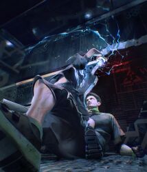 2boys arm_up black_gloves black_hair black_shirt black_shoes black_shorts blue_hair broken_wall clenched_hand clenched_teeth clothes_grab collar_grab collared_shirt electricity electrokinesis fighting fingerless_gloves gloves glowing highres hole_in_wall incoming_attack khun_ran lightning looking_at_another multiple_boys neckwear_grab novick original realistic red_eyes shancunyinian shirt shoes short_hair shorts sneakers teeth tower_of_god