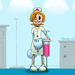 bandages clinic cosplay costume_switch eyepatch gloves hat highres latex latex_gloves nalfirstart nurse nurse_cap peacock_(skullgirls) sharp_teeth skullgirls syringe teeth valentine_(skullgirls)