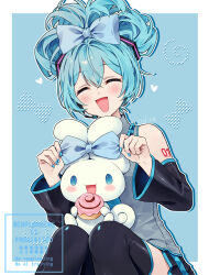 1girl :d ^_^ artist_name bare_shoulders black_skirt black_sleeves black_thighhighs blue_background blue_bow blue_hair blue_nails blush border bow cinnamiku cinnamoroll closed_eyes collared_shirt commentary_request ctd_114 detached_sleeves drop_shadow facing_viewer feet_out_of_frame frilled_shirt_collar frills fuwa_fuwa_cinnamoroll grey_shirt hair_bow hatsune_miku headset heart highres long_sleeves nail_polish number_tattoo open_mouth outline outside_border pleated_skirt sanrio shirt short_hair shoulder_tattoo sitting skirt smile tattoo thighhighs vocaloid watermark white_border white_outline