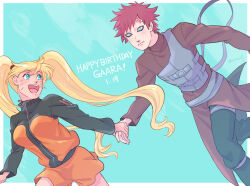 Rule 34 | blonde hair, blue eyes, blush, breasts, gaara (naruto), genderswap, green eyes, holding hands, large breasts, naruko (naruto), naruto, naruto (series), naruto shippuuden, open mouth, red hair, risuo, sexy no jutsu, shorts, simple background, smile, twintails, uzumaki naruto