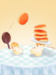 animal animal_focus food frying_pan hamster highres holding holding_plate karikankan no_humans original pancake pancake_stack plate table tablecloth