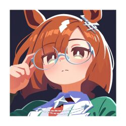 1girl adjusting_eyewear animal_ears blunt_ends braid braided_ponytail brown_eyes brown_hair closed_mouth ear_ornament glasses highres horse_ears horse_girl ikuno_dictus_(umamusume) long_hair looking_at_viewer necktie red_necktie solo umamusume waonaolmao