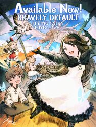 2boys 3girls agnes_oblige ahoge airy_(bravely_default) black_headband blonde_hair blue_jacket boots bow bravely_default:_flying_fairy bravely_default_(series) brooch brown_eyes brown_hair bug butterfly butterfly_wings capelet dancing dragon dress edea_lee elbow_gloves fairy fur_collar fur_trim gloves hair_bow headband highres holding holding_sword holding_weapon ikusy insect insect_wings jacket jewelry joy-con_2 long_hair multiple_boys multiple_girls official_art open_mouth pompadour red_dress ringabel ship&#039;s_wheel sword tiz_arrior weapon white_hair wings