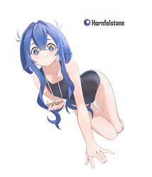1girl all_fours artist_name bare_arms bare_legs bare_shoulders black_one-piece_swimsuit blue_eyes blue_hair breasts cellphone commentary english_commentary folded_twintails hair_intakes hair_rings highres holding holding_phone hornfelstone kimi_no_koto_ga_dai_dai_dai_dai_daisuki_na_100-nin_no_kanojo light_blush long_hair looking_at_viewer one-piece_swimsuit patreon_logo phone sidelocks simple_background small_breasts smartphone smile solo swimsuit thigh_gap white_background yoshimoto_shizuka