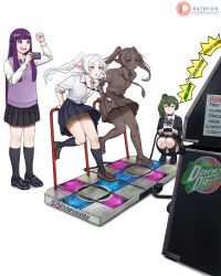 4girls absurdres alternate_costume arcade_cabinet arm_up arrow_(symbol) artist_name bemani bike_shorts bike_shorts_under_skirt black_jacket black_necktie black_skirt black_socks blue_bow blunt_bangs bow bowtie brown_footwear cheering clenched_hand clone collared_shirt contemporary copyright_name dance_dance_revolution dancing dismaiden earrings elf english_text fern_(sousou_no_frieren) floating_earring frieren full_body green_hair green_shorts grey_bow grey_bowtie highres holding holding_phone jacket jewelry kneehighs loafers long_hair long_sleeves looking_ahead multiple_girls necktie open_clothes open_jacket open_mouth patreon_logo patreon_username phone playing_games pleated_skirt pointy_ears purple_eyes purple_hair purple_sweater_vest recording shirt shirt_tucked_in shoes shorts side_ponytail sidelocks simple_background skirt smile smirk socks sousou_no_frieren spiegel_replica squatting standing sweat sweater_vest teeth thick_eyebrows tsurime two-tone_necktie ubel_(sousou_no_frieren) upper_teeth_only watermark white_background white_hair white_necktie white_shirt