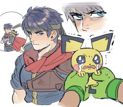 1boy blue_eyes blue_hair boxing_gloves cape commentary creatures_(company) crying dancho_no_mori fire_emblem fire_emblem:_path_of_radiance game_freak gen_2_pokemon headband holding holding_pokemon ike_(fire_emblem) image_in_thought_bubble little_mac male_focus nintendo pichu pokemon pokemon_(creature) punch-out!! red_cape short_hair speech_bubble super_smash_bros. thought_bubble