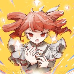 1girl ahoge black_sleeve_cuffs drill_hair frilled_sleeves frills furrowed_brow grey_jacket jacket kasane_teto kasane_teto_(sv) long_eyelashes open_mouth red_eyes red_hair red_nails ribbon sleeve_cuffs solo star_(symbol) striped_clothes striped_jacket synthesizer_v twin_drills utau white_ribbon yellow_background zi_cha_mo_xue