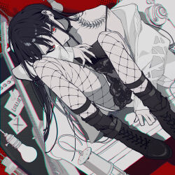 1girl ankle_strap black_choker black_hair black_nails black_shoes boots chemise choker collarbone ear_piercing earrings fishnet_pantyhose fishnets headphones highres indie_utaite jacket jacket_partially_removed jewelry lace-up_boots light_bulb loluet_(utaite) long_hair looking_at_viewer looking_up mochizuki_kei nail_polish open_clothes open_jacket pantyhose parted_lips piercing shoes shoulder_tattoo single_bare_shoulder sitting solo spaghetti_strap strap_slip tattoo teeth torn_clothes torn_jacket white_jacket