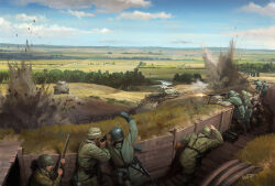 bipod blue_sky bolt_action czech_hedgehog darren_tan day explosion firing gun holding holding_gun holding_weapon m4_sherman machine_gun mauser_98 mg42 military_uniform military_vehicle motor_vehicle mp40 original rifle rural scenery sky soldier submachine_gun tank trench weapon wehrmacht wooden_floor wooden_wall
